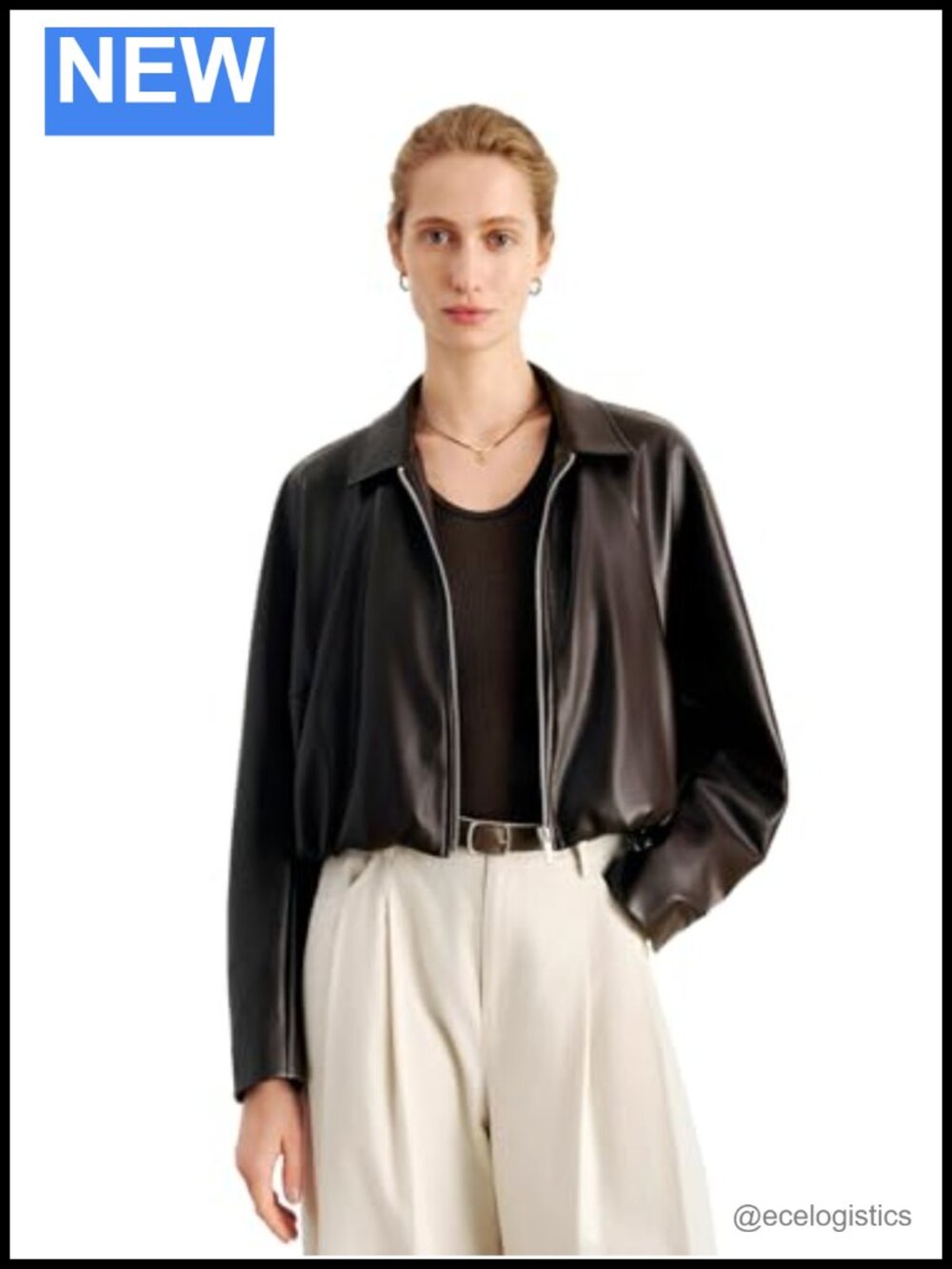 Women's Cropped Faux Leather Moto Jacket with Stand Collar, Vegan Leather